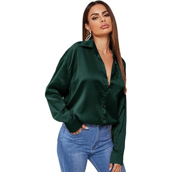 HOT Satin Silk Long Sleeve Blouse Button Down Shirt Casual Top, Green - Picture 3 of 6
